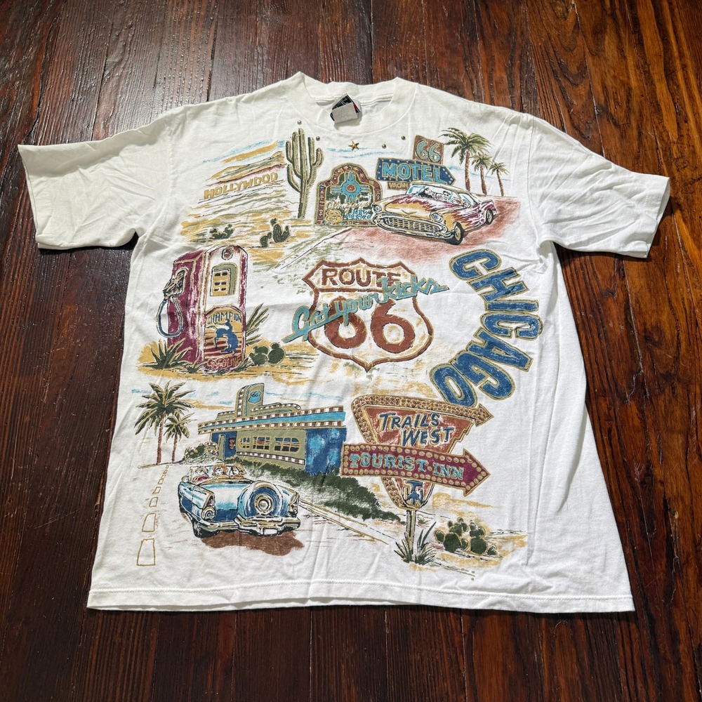 Vintage KWBL Route 66 Shirt Mens L White Studded Americana Single Stitch 90s
